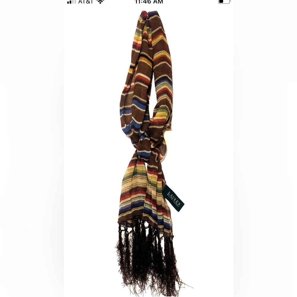 Lauren Ralph Lauren Earthy Brown Rainbow Stripes Fringe Y2K Scarf 100% Silk